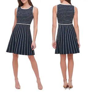 NEW Tommy Hilfiger Striped Cotton-Blend Fit-and-Flare Knitted Dress in Navy, S